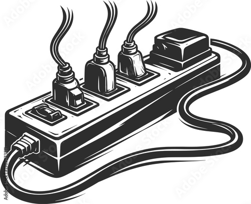 Minimal Black and White Power Strip Illustration with Plug Cables and Switch.