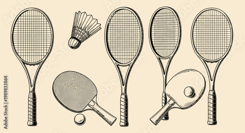 Fotografie Vintage Style Collection of Badminton and Tennis Rackets with Shuttlecock on Lig