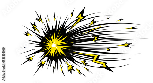Abstract explosive starburst effect with yellow sparks, isolated white background.