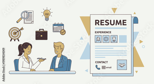 Professional job interview with a candidate and hiring manager reviewing resume in an office setting, Business people discussing career opportunities and employment, Recruitment process with a resume 