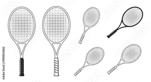 Set of various tennis rackets in black and white outline on an isolated white background, Collection of sporting equipment for playing tennis, Different designs of professional tennis gear.