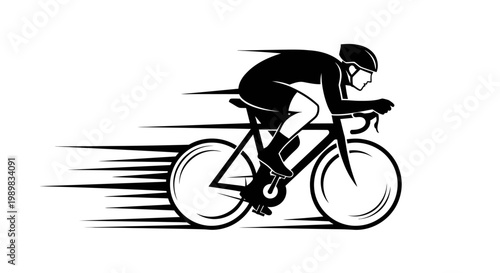Dynamic black silhouette of a cyclist riding fast on an isolated white background, Man on a racing bicycle with speed lines, Professional athlete cycling in competition.
