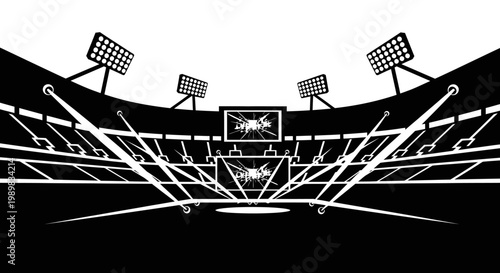 Dramatic black and white graphic illustration of a large sports stadium or concert arena with bright spotlights and floodlights illuminating the empty stage.