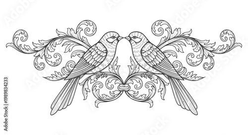 Detailed black and white illustration of two birds facing each other amidst ornate baroque scrollwork and intricate floral elements.