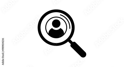 A black and white icon depicting a magnifying glass focused on a human profile, symbolizing user search or person identification.