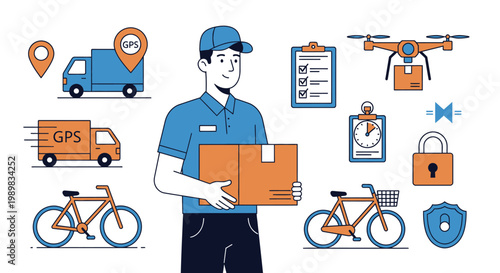 Delivery person holding a package surrounded by various logistics and transportation icons, illustrating modern delivery services.