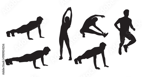 Fitness exercise silhouettes including push ups, stretching, and warm up poses representing active lifestyle, body training, and home workout routines