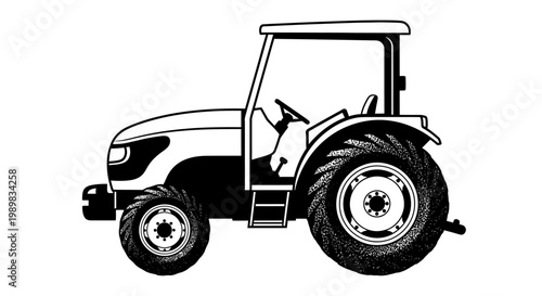 Detailed black and white illustration of a modern farm tractor, viewed from the side, ready for agricultural work.