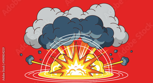 Cartoon illustration of a powerful explosion with bright yellow and orange flames, radiating shockwaves, and large grey smoke clouds on a vibrant red background.