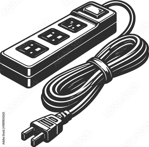 Minimal Black and White Power Strip Illustration with Plug Cables and Switch.