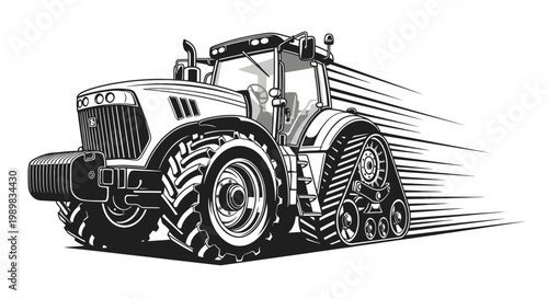 Wallpaper Mural Dynamic black and white illustration of a powerful modern tractor with speed lines, featuring both large wheels and caterpillar tracks, conveying motion and agricultural strength. Torontodigital.ca