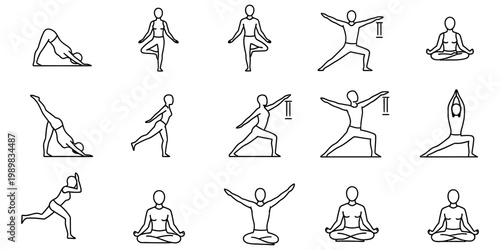 Yoga poses collection line art illustrations of various asanas