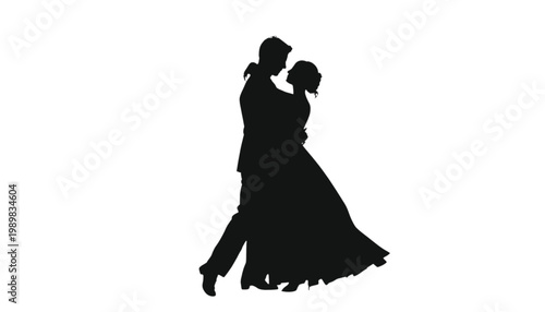 Couple dancing in a formal ballroom setting captures the elegant motion of a man and woman in a romantic embrace during a special event or wedding celebration on a plain white backdrop.