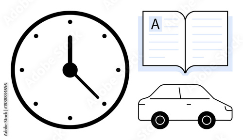 Time management, education, transportation, learning, scheduling, daily routines. Black-and-white clock, open book with text and car outline. Time management and education illustrated