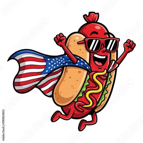 Patriotic hot dog superhero mascot wearing sunglasses and American flag cape vector illustration