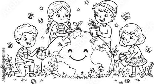 “Children caring for smiling Earth with plants flowers and watering tools promoting teamwork nature love and environmental protection”