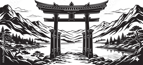 “Traditional Japanese torii gate with serene lake mountains pine trees and ink style illustration showing harmony and tranquility”