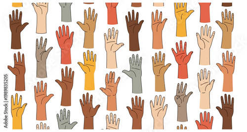 Diverse hands in various skin tones are raised in a collaborative pattern