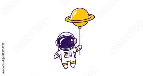 A cute cartoon astronaut reaching for a yellow planet balloon in space