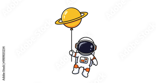 An astronaut in a spacesuit playfully holds a yellow planet shaped balloon