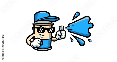 Cartoon spray paint can character with sunglasses and a cap spraying blue paint