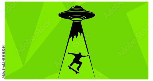 A silhouetted figure skateboarding towards a glowing descending ufo spacecraft
