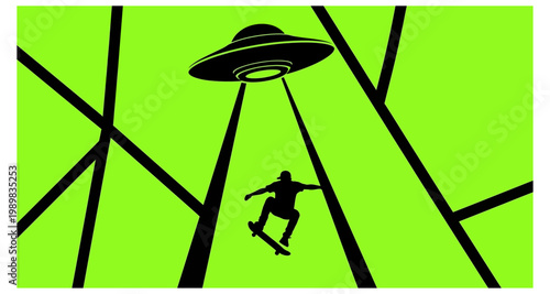 A silhouetted skateboarder appears to be abducted by a flying saucer