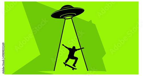 A silhouetted figure skateboarding towards a glowing ufo against a vibrant green background