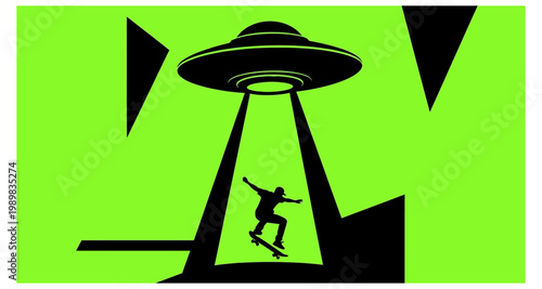 A silhouetted skateboarder appears to be abducted by a flying saucer