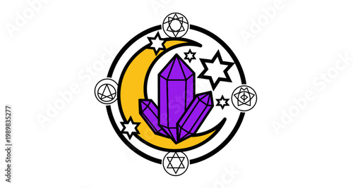 A vibrant illustration featuring a purple crystal crescent moon and celestial stars