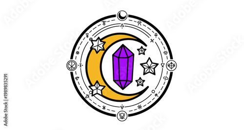 Mystical circle featuring a crescent moon crystal and celestial symbols