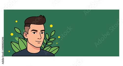 Illustration of a young man with dark hair and foliage elements