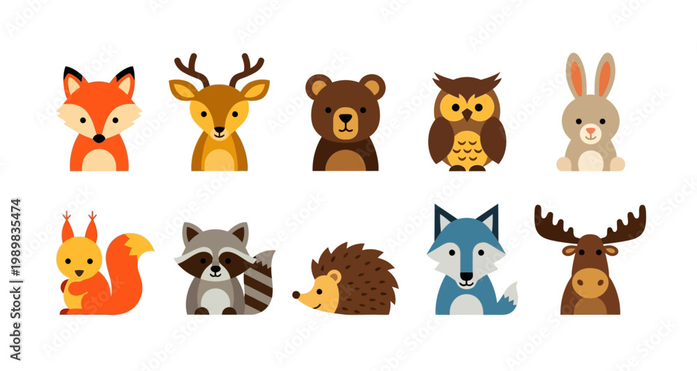 Naklejka premium Colorful cartoon illustrations of various forest animals arranged in two rows