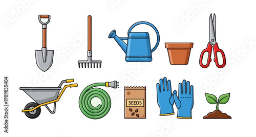 Colorful illustration depicting various gardening tools and supplies