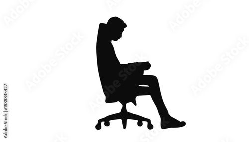 Businessman sits in an ergonomic office chair while focusing on his work, representing a professional corporate environment with significant room for text placement on the white background.