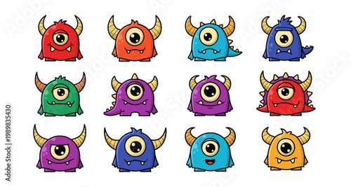 Colorful cartoon monsters with large eyes and horns arranged in a grid