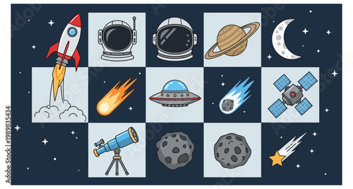 Colorful cartoon illustrations of rockets planets and space exploration elements arranged in a grid