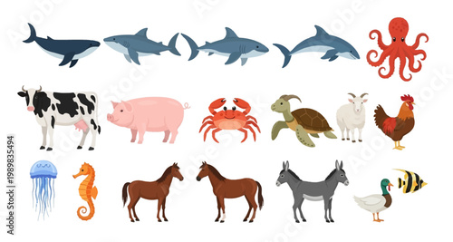 A colorful collection of diverse marine and farm animals illustrated in a cartoon style