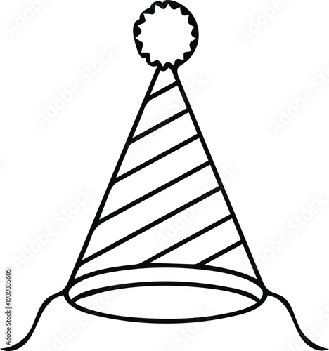 A black and white drawing of a party hat