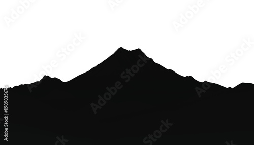 Mountain peak silhouette represents the majesty of nature and the rugged terrain of remote wilderness areas during a clear day with high contrast lighting against the bright sky.