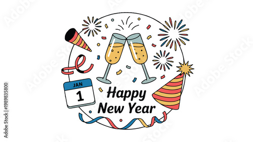 Happy New Year celebratory illustration with champagne, confetti, and fireworks