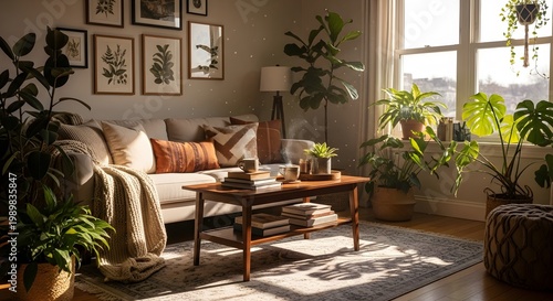 Living room interior with sofa plants coffee table and decor in cozy home
