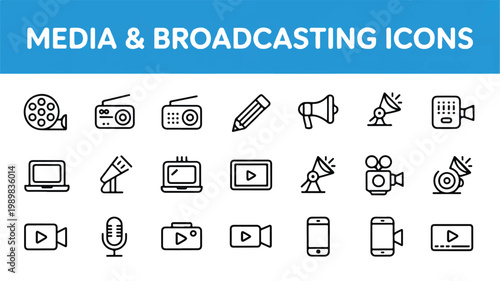 Collection of media and broadcasting icons, including cameras, microphones, laptops, and radios