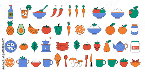 Large collection of diverse food icons including vegetables fruits condiments kitchen utensils with line art ice cream vegetable collection illustration ingredient pineapple strawberry