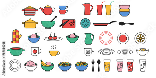 Assorted kitchenware and tableware icon set showing plates bowls drinkware cooking pots for dining and food service concepts with line art cutting board tableware dishware kitchenware collection