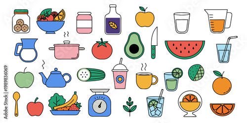 Comprehensive set of food and beverage icons featuring fresh fruits vegetables healthy snacks kitchen essentials in a clean colorful line art style vegetable beverage collection illustration