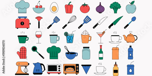 Essential kitchen appliance and equipment icons set featuring chef hats cooking tools a variety of beverages in a modern line art illustration style bell pepper equipment appliance beverage