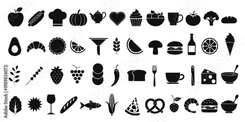 Extensive and varied collection of food beverage kitchen related silhouette icons apple hot dog chef hat pumpkin teapot heart cupcake fruit bowl mug tomato broccoli bread avocado croissant cookie