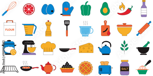 Professional kitchen tools and food preparation icons set featuring baking equipment appliances fresh ingredients in a colorful line art style rolling pin appliance ingredient collection