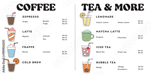 Comprehensive coffee and tea beverages menu vector illustration with prices and various options cold brew matcha latte iced tea bubble tea food service beverages illustration espresso